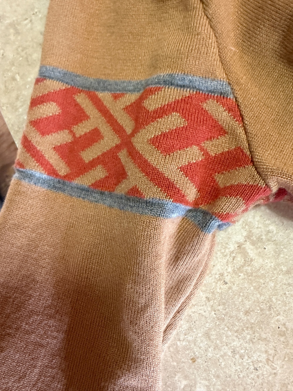 Fendi Tan light Crewneck Sweater with Red Geometric Stripe - Picture 8 of 9
